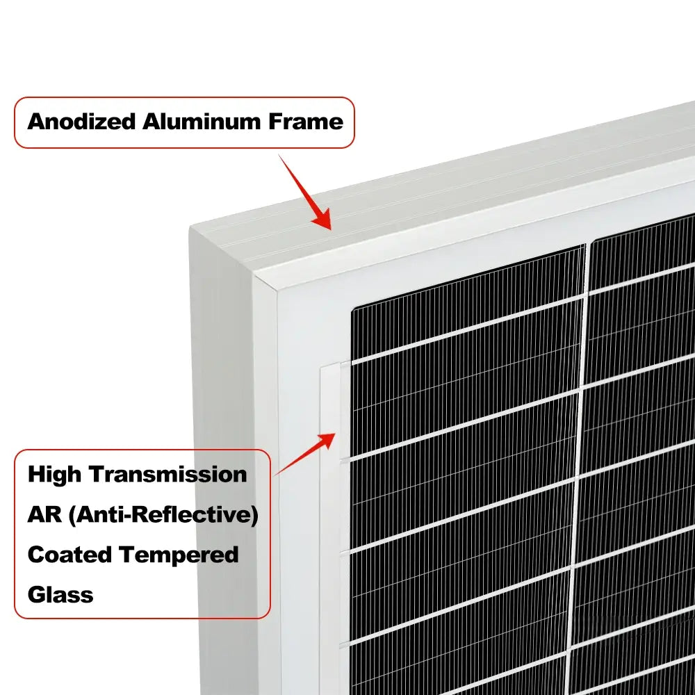 Close-up of Rich Solar 200W solar panel corner featuring an anodized aluminum frame and anti-reflective coated tempered glass.