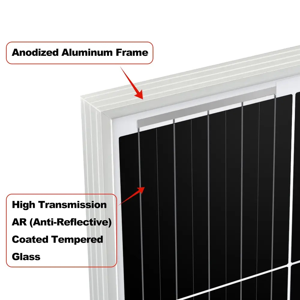 Close-up of the Rich Solar 200W panel edge showing the sturdy anodized aluminum frame and high-transmission anti-reflective tempered glass.
