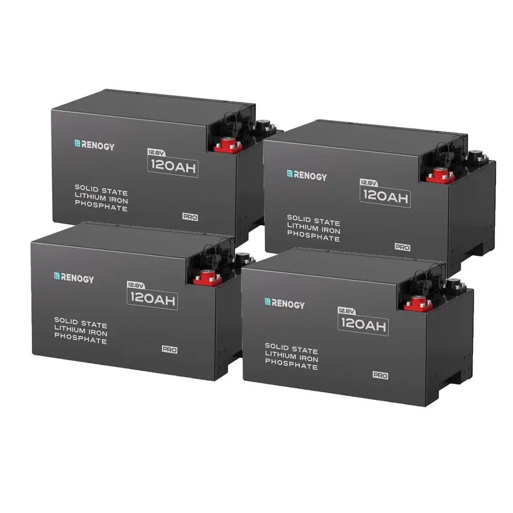 Four Renogy Pro S1 12V 120Ah lithium iron phosphate batteries arranged as a 4-pack battery bank for RV and marine energy storage.