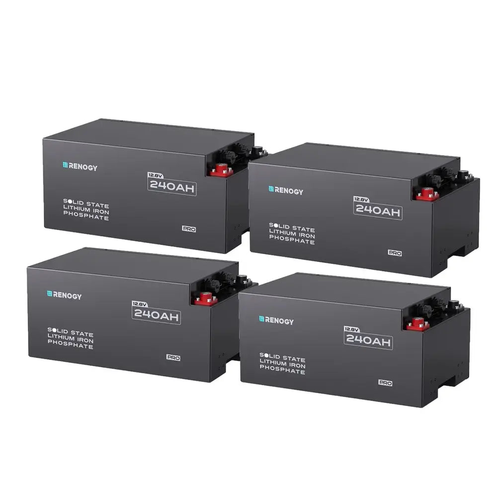 Four Renogy Pro S1 12.8V 240Ah lithium iron phosphate batteries arranged as a 4-pack battery bank for RV and marine energy storage.