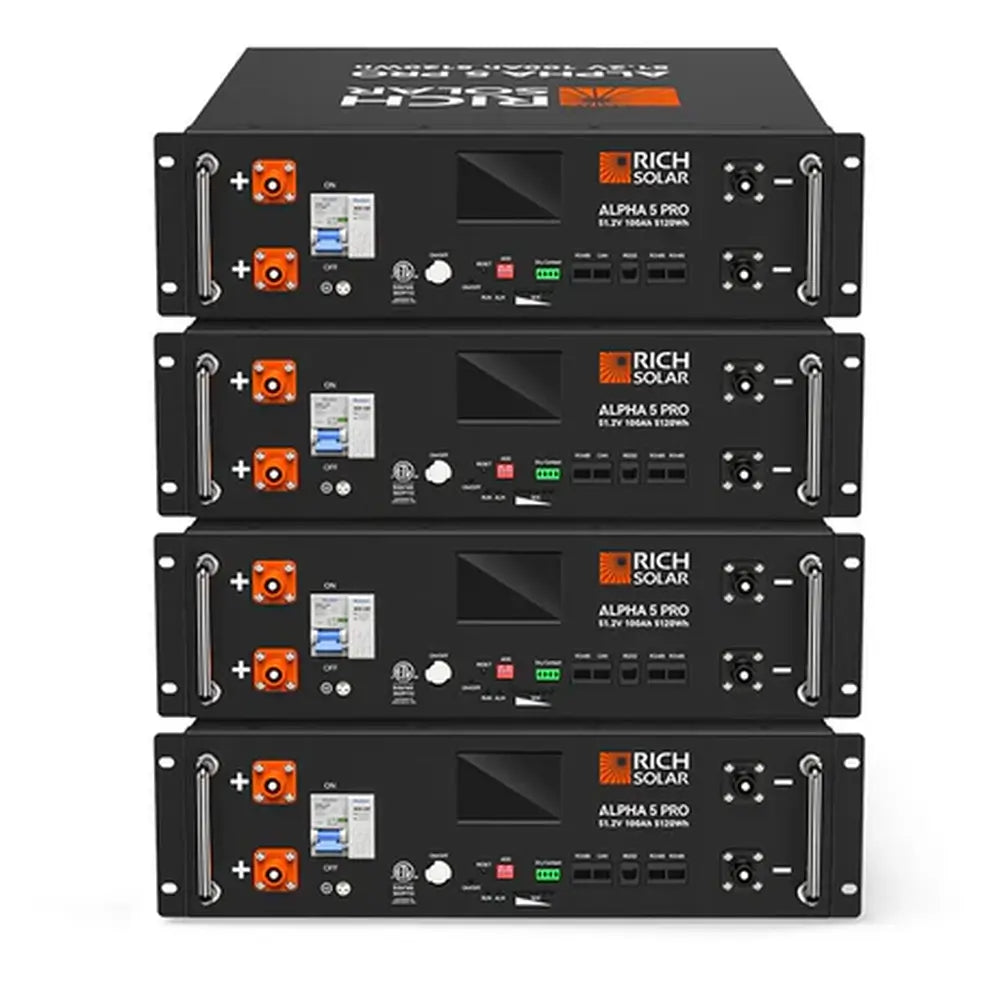 A stack of four Rich Solar Alpha 5 Pro 5120Wh lithium server rack batteries (51.2V 100Ah) forming the energy storage bank for the off-grid system.