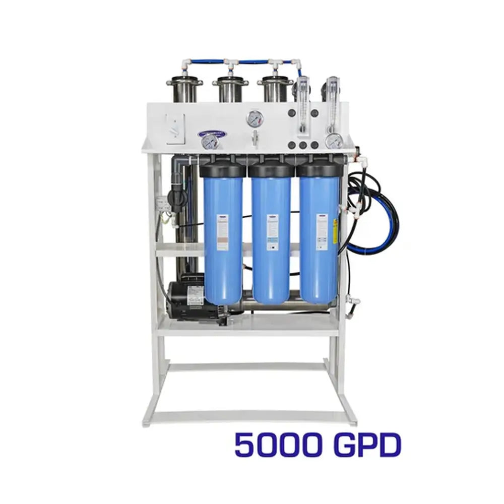 High-capacity Crystal Quest 5000 GPD Standalone Whole House Reverse Osmosis System featuring triple blue filter housings and professional gauges.