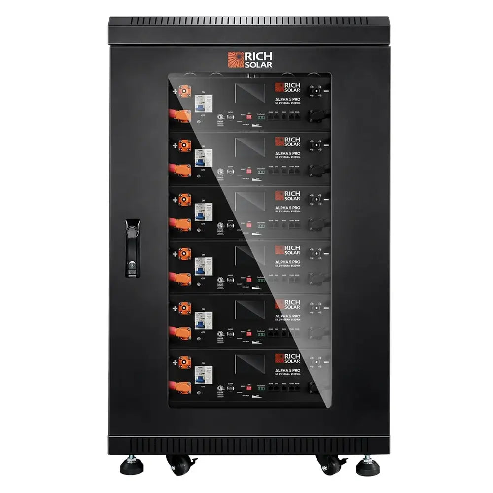 Fully populated Rich Solar ALPHA 5 PRO 48V Server Rack Battery cabinet containing six 51.2V 100Ah modules behind a closed glass door.