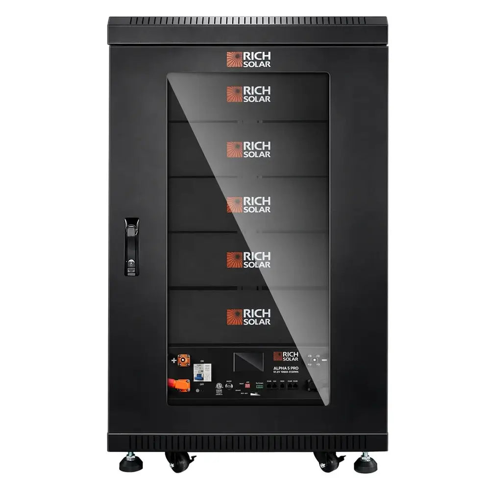 Rich Solar battery cabinet with a closed glass door housing a single ALPHA 5 PRO 48V Server Rack Battery at the bottom.