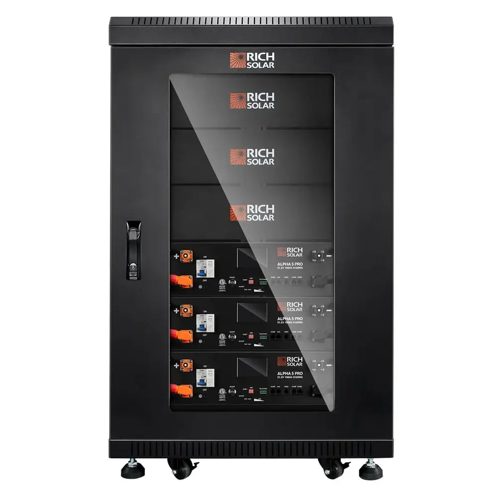 Three Rich Solar ALPHA 5 PRO 48V Server Rack Batteries installed inside a black battery enclosure with the glass door closed.