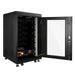 Open black server rack battery cabinet showing one Rich Solar Alpha 5 Pro lithium solar battery enclosure layer.