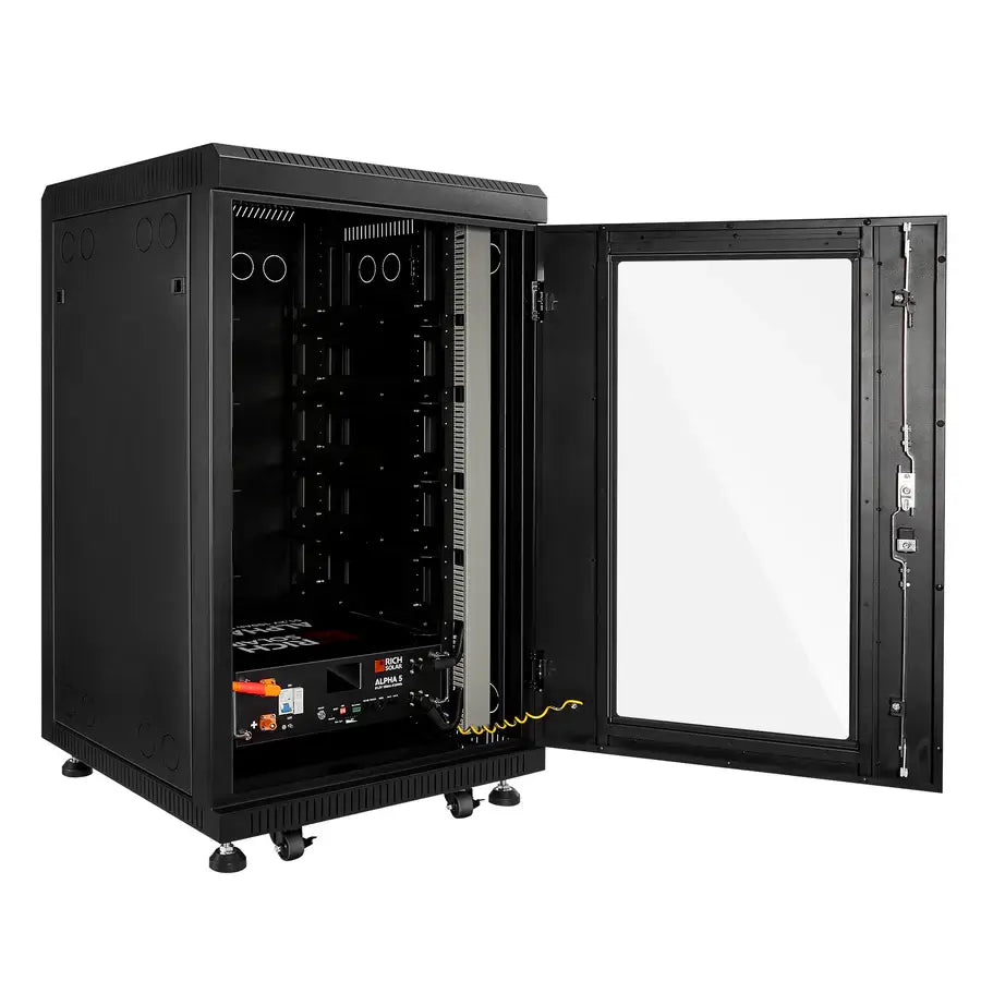 Open black server rack battery cabinet showing one Rich Solar Alpha 5 Pro lithium solar battery enclosure layer.