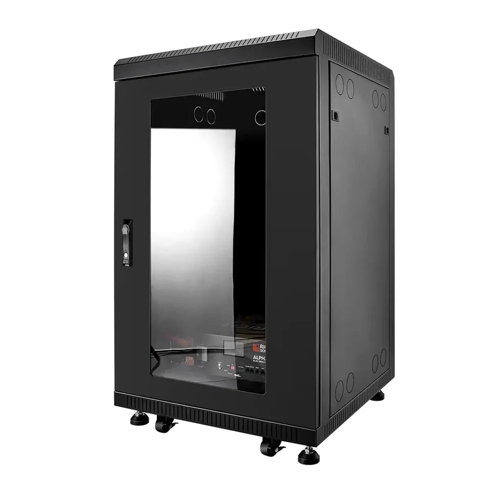Enclosed Rich Solar solar battery storage rack cabinet with glass viewing door on heavy-duty caster wheels.