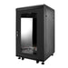 Enclosed Rich Solar solar battery storage rack cabinet with glass viewing door on heavy-duty caster wheels.