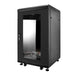 Closed Rich Solar server rack battery enclosure cabinet with a glass front door panel.