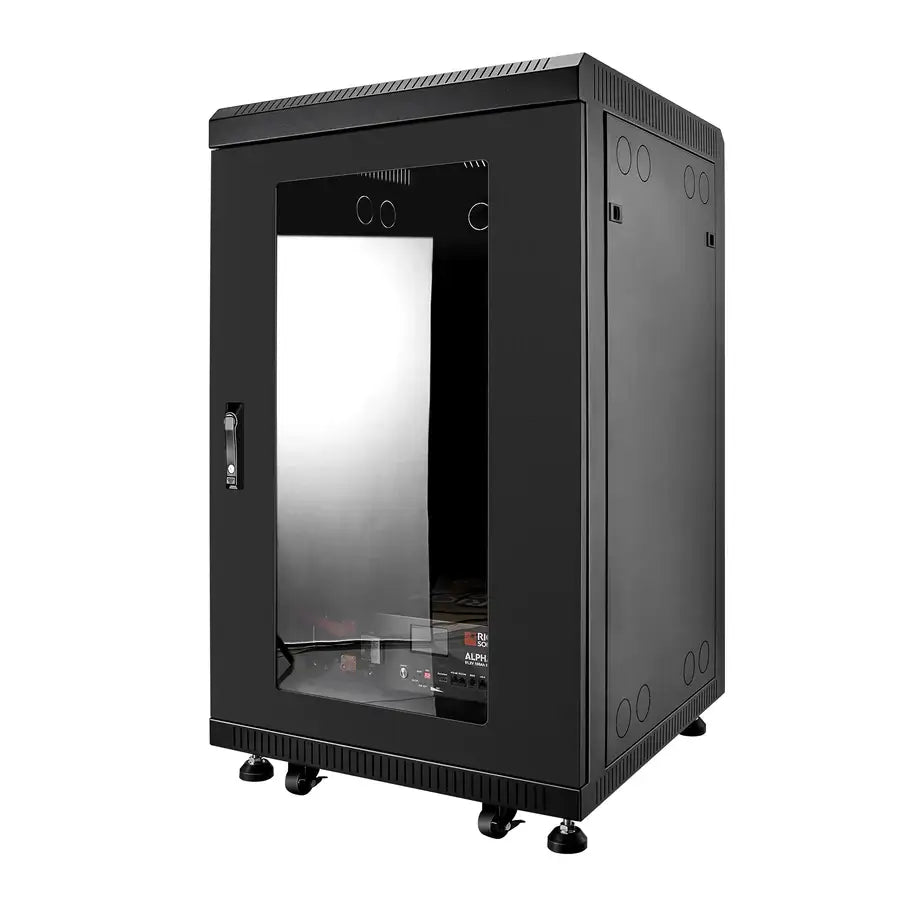 Closed Rich Solar server rack battery enclosure cabinet with a glass front door panel.
