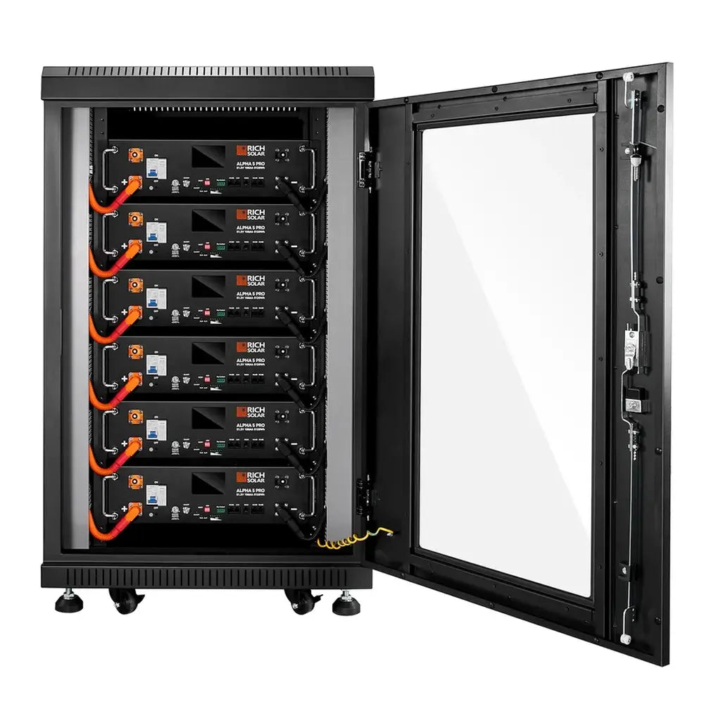 Open server rack cabinet fully loaded with six Rich Solar ALPHA 5 PRO 48V batteries, highlighting the orange parallel power cables.