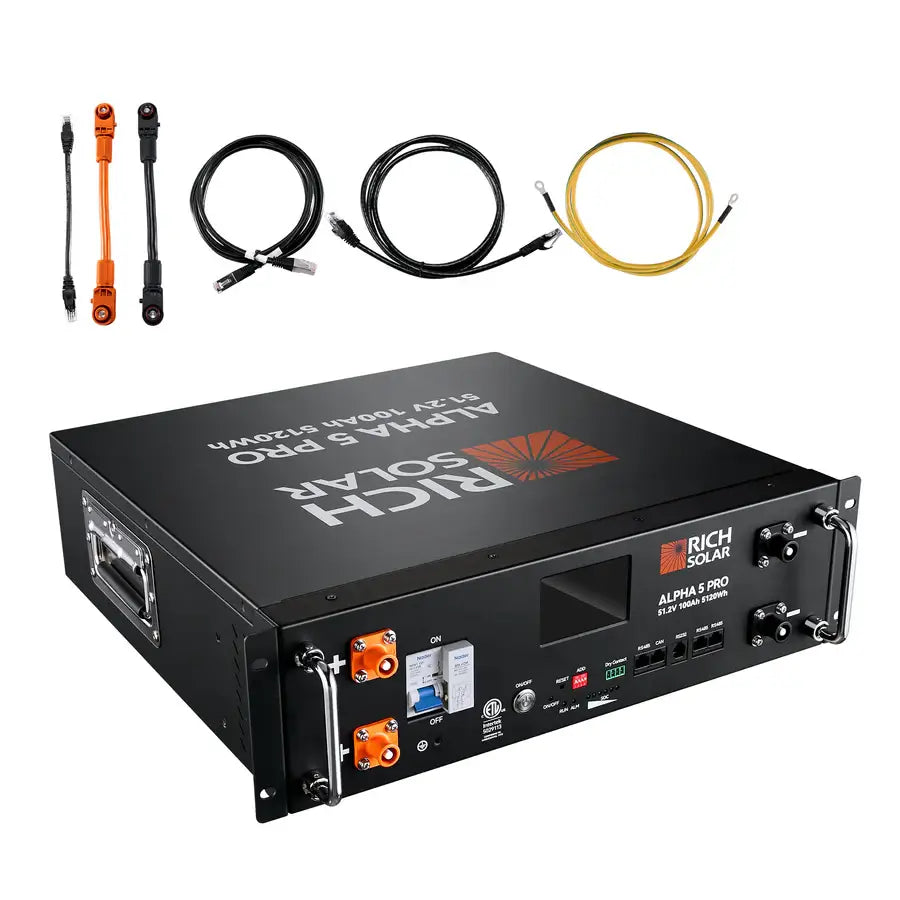 Rich Solar Alpha 5 Pro 51.2V 100Ah 5120Wh lithium iron phosphate LiFePO4 rack battery with terminal cables.