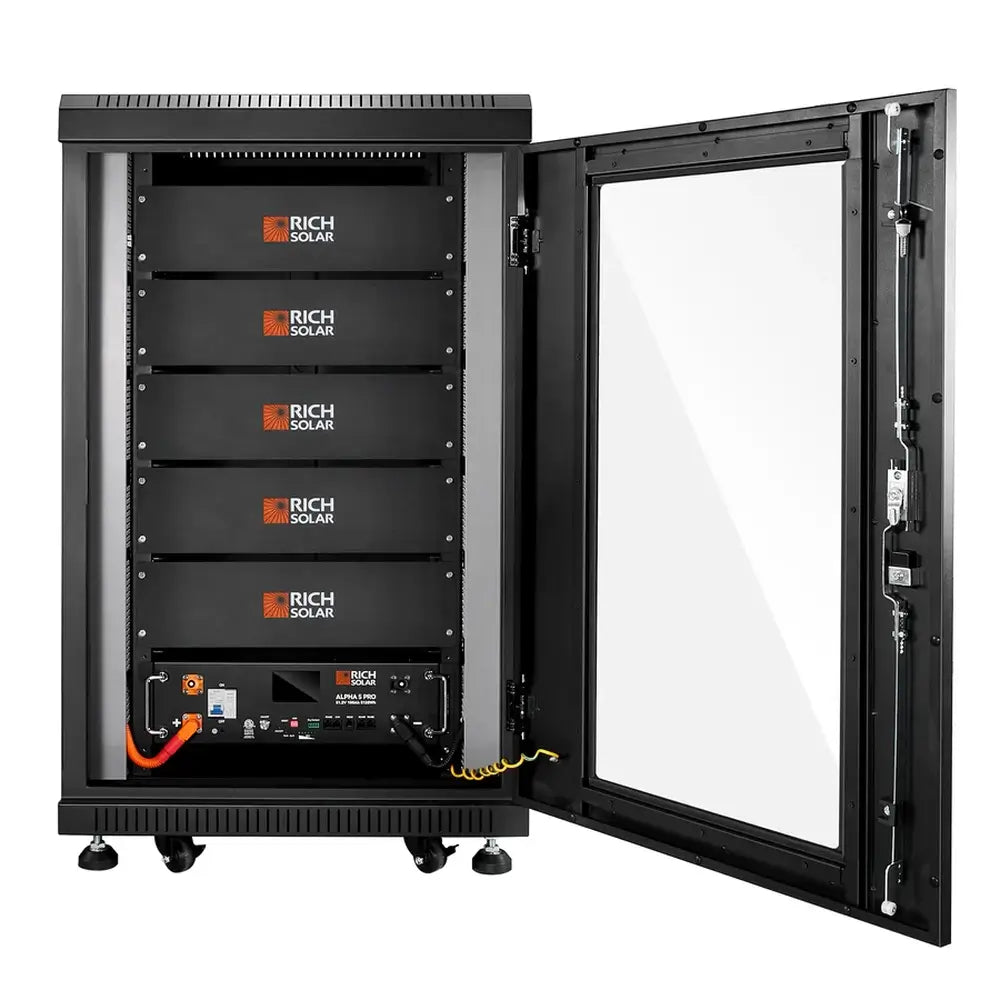 Detailed exterior view of the custom storage cabinet designed for housing the Rich Solar ALPHA 5 PRO 48V Server Rack Battery system.