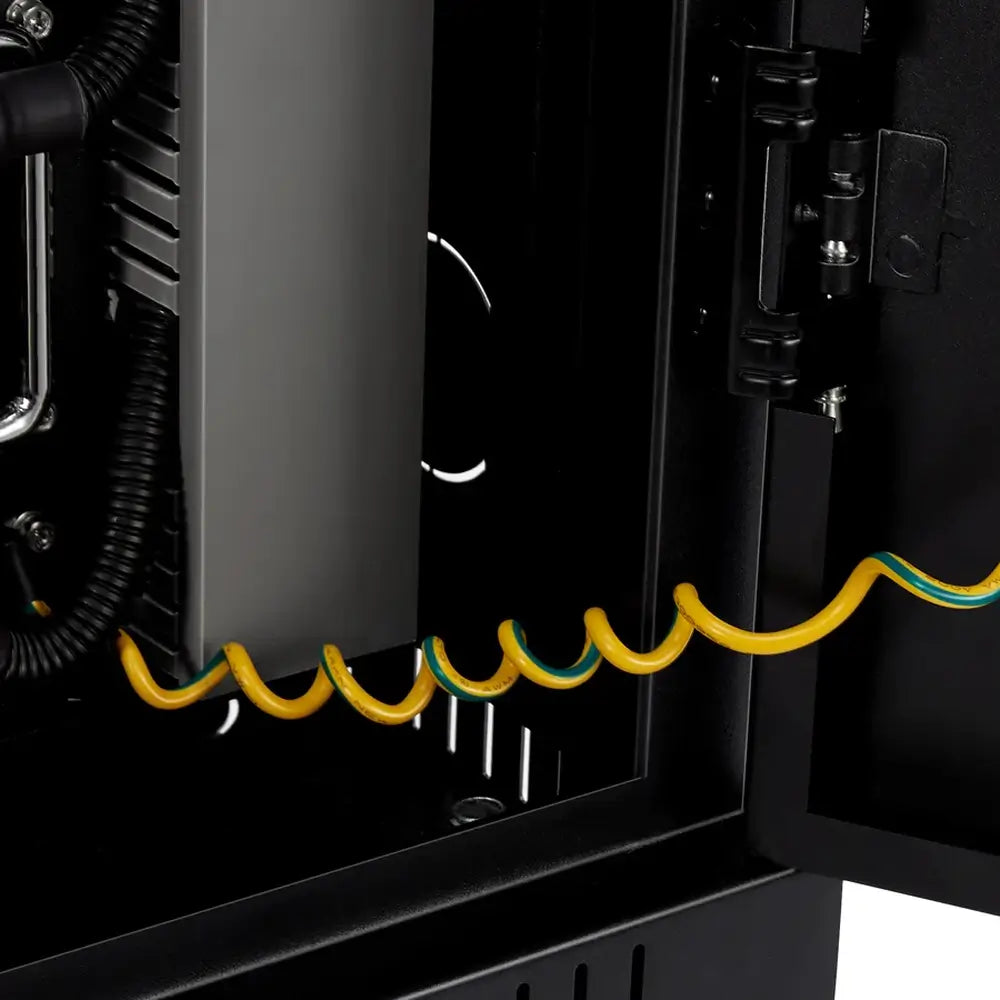 Exterior side profile view of the heavy-duty black storage cabinet built specifically for the Rich Solar ALPHA 5 PRO 48V Server Rack Battery system.