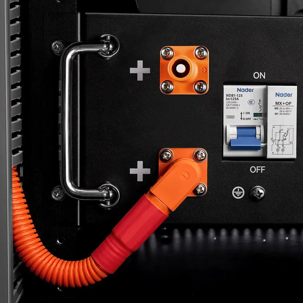 Close-up detail showing the structural housing and ventilation design on the protective cabinet for the Rich Solar ALPHA 5 PRO 48V Server Rack Battery.