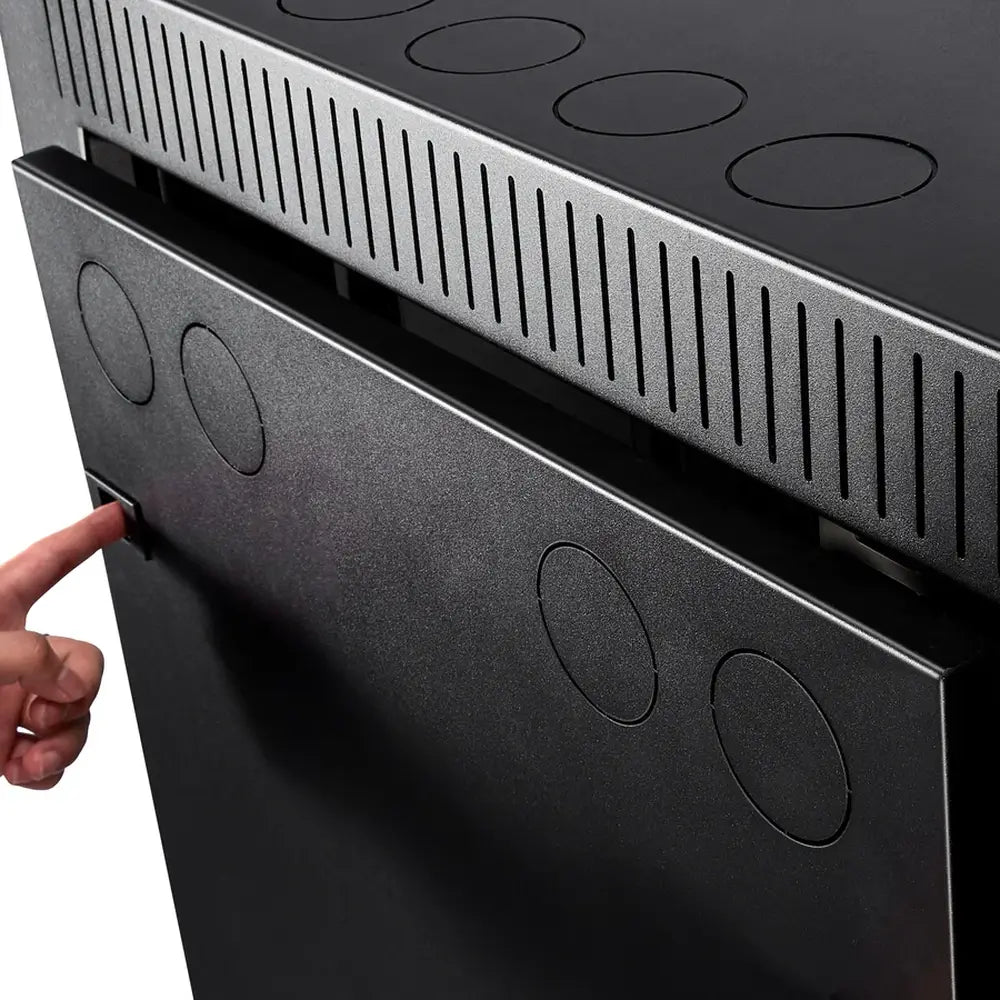 Close-up view of the locking door handle and security hardware on the enclosure of the Rich Solar ALPHA 5 PRO 48V Server Rack Battery.