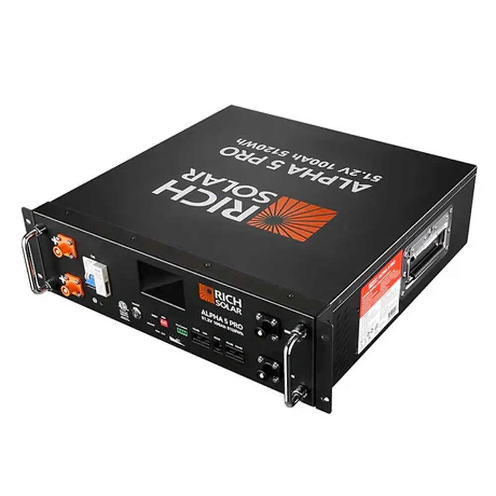 Rich Solar Alpha 5 Pro 51.2V 100Ah 5120Wh server rack lithium LiFePO4 battery for off-grid solar energy storage.