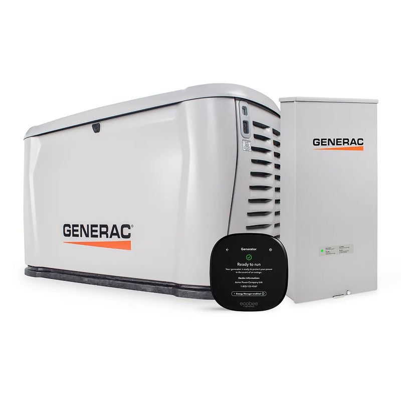 Generac standby generator with transfer switch and ecobee monitoring display on white background