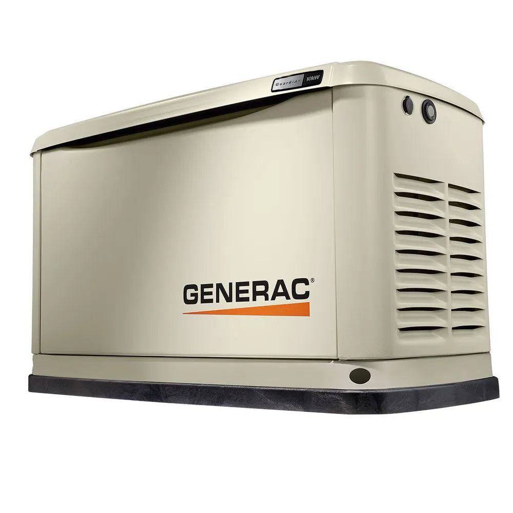 Generac 7171 10kW aluminum standby generator, beige home backup power unit on white background
