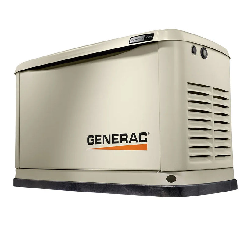 Generac 7171 10kW aluminum standby generator, beige home backup power unit on white background