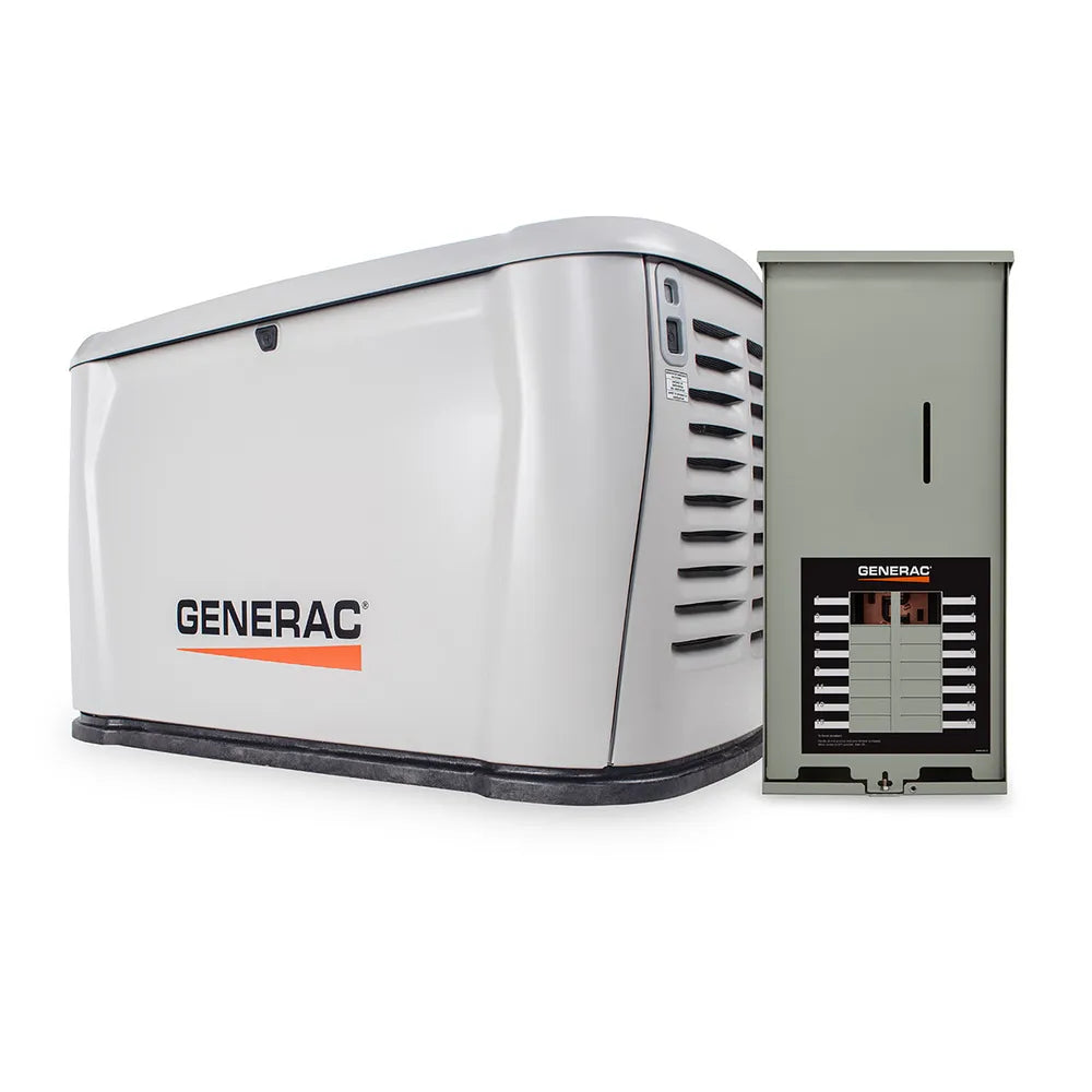 Generac 7321 10kW standby generator with 100A transfer switch on white background