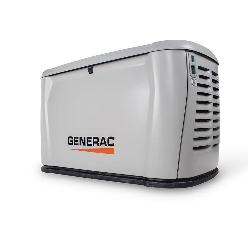 Generac 7327 26kW standby generator angled front view on white background