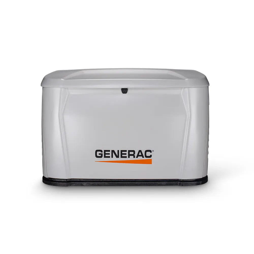 Front view of Generac 7327 26kW standby generator on white background