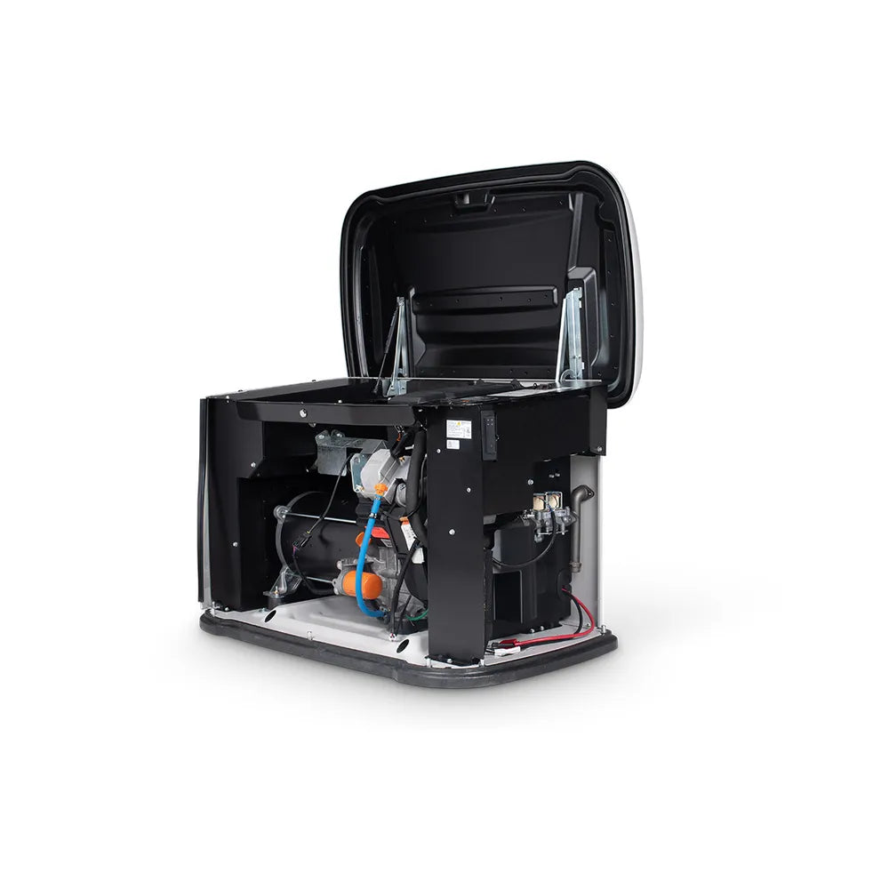 Angled view of open Generac 7325 22kW standby generator with exposed engine and wiring