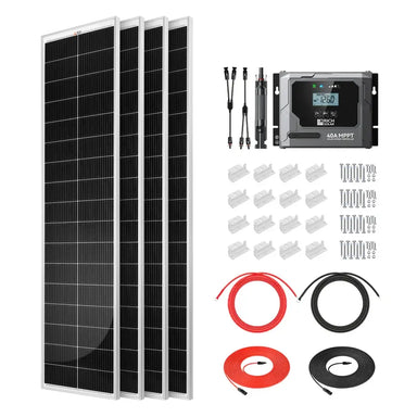 Rich Solar 520W Slim Solar Kit components including four slim solar panels, 40A MPPT charge controller, mounting Z-brackets, hardware, and extension cables.