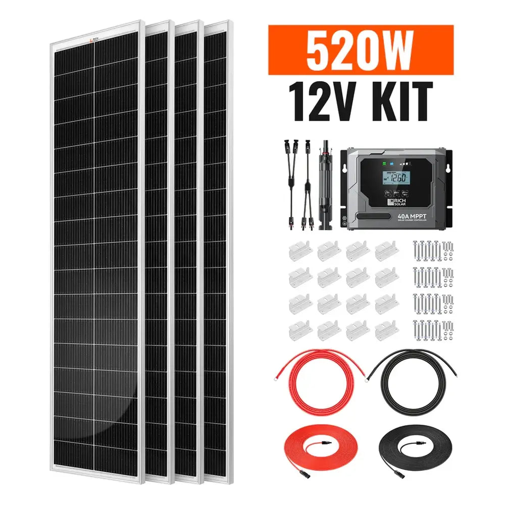 Rich Solar 520W 12V solar kit product bundle with text overlay showing four slim solar panels, 40A MPPT controller, and installation hardware.