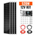 Rich Solar 520W 12V solar kit product bundle with text overlay showing four slim solar panels, 40A MPPT controller, and installation hardware.