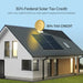 A modern residential home with roof-mounted solar panels and a gold coin graphic, explaining the 30% Federal Solar Tax Credit incentive for solar equipment and installation.