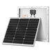 Showcase view of two silver-framed Rich Solar MEGA 50W solar panels displaying the front solar cells and rear assembly.