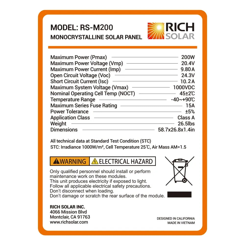 Technical specification label for the Rich Solar RS-M200 200W monocrystalline solar panel detailing voltage, current, and safety ratings.