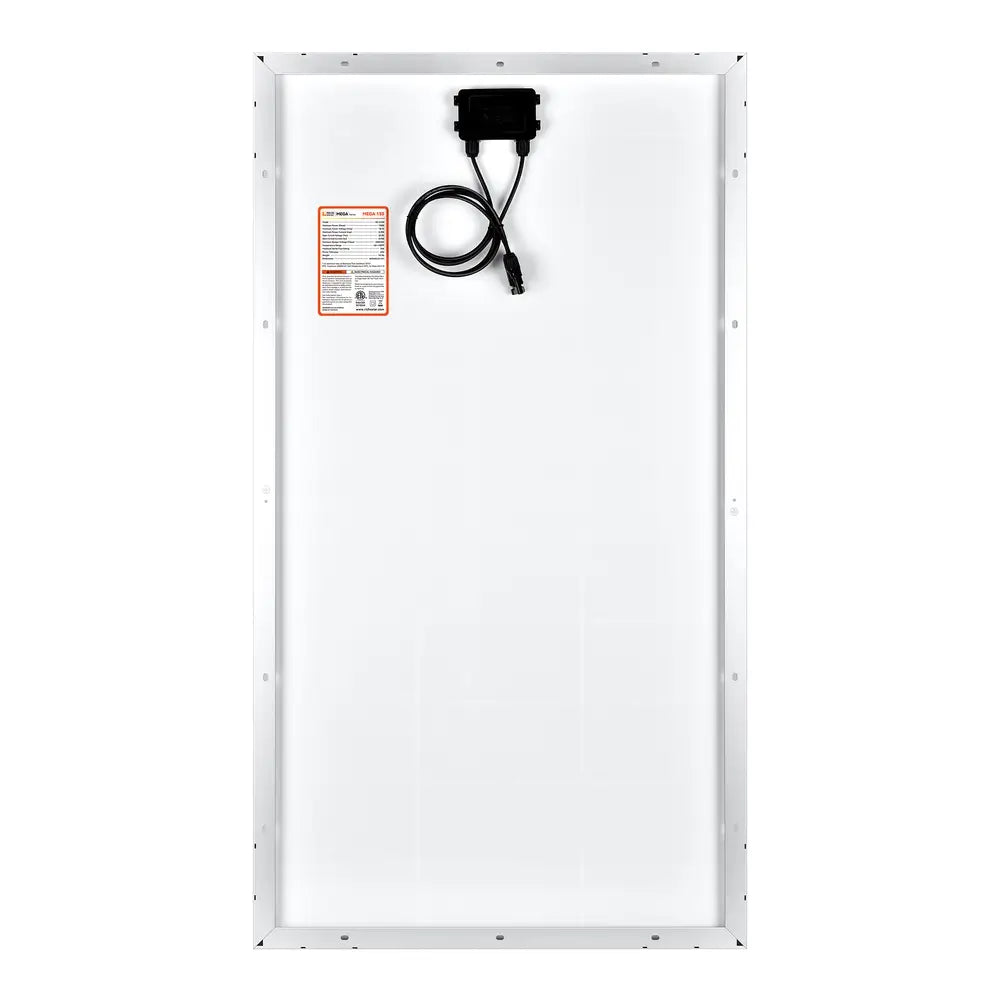 Back view of the Rich Solar MEGA 150W solar panel showing the white backsheet, junction box, pre-attached cables, and specification label.