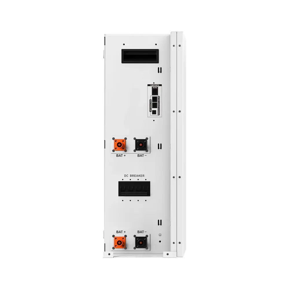 Side connection panel of a Rich Solar battery module showing BAT positive and negative terminals, DC breaker, and communication ports.