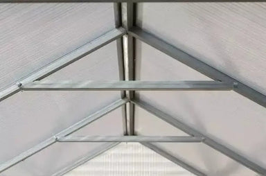 Interior view of a GreenhouseToGrow Daisy 8.3'x26' Greenhouse roof showing horizontal metal cross-bracing and polycarbonate panels for structural reinforcement.