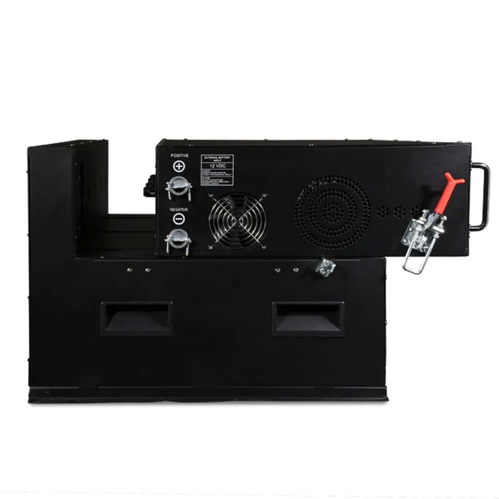 Side view of AIMS Power AIO-12V solar generator showing 12V external battery terminals, cooling fans, latch, and handles.