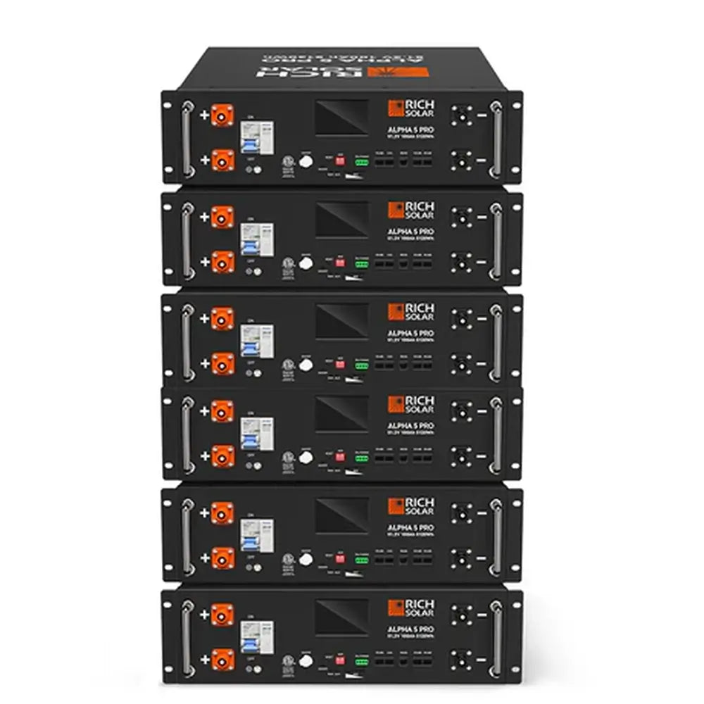 Vertical stack of six Rich Solar Alpha 5 Pro 51.2V 100Ah server rack lithium iron phosphate (LiFePO4) batteries for energy storage.