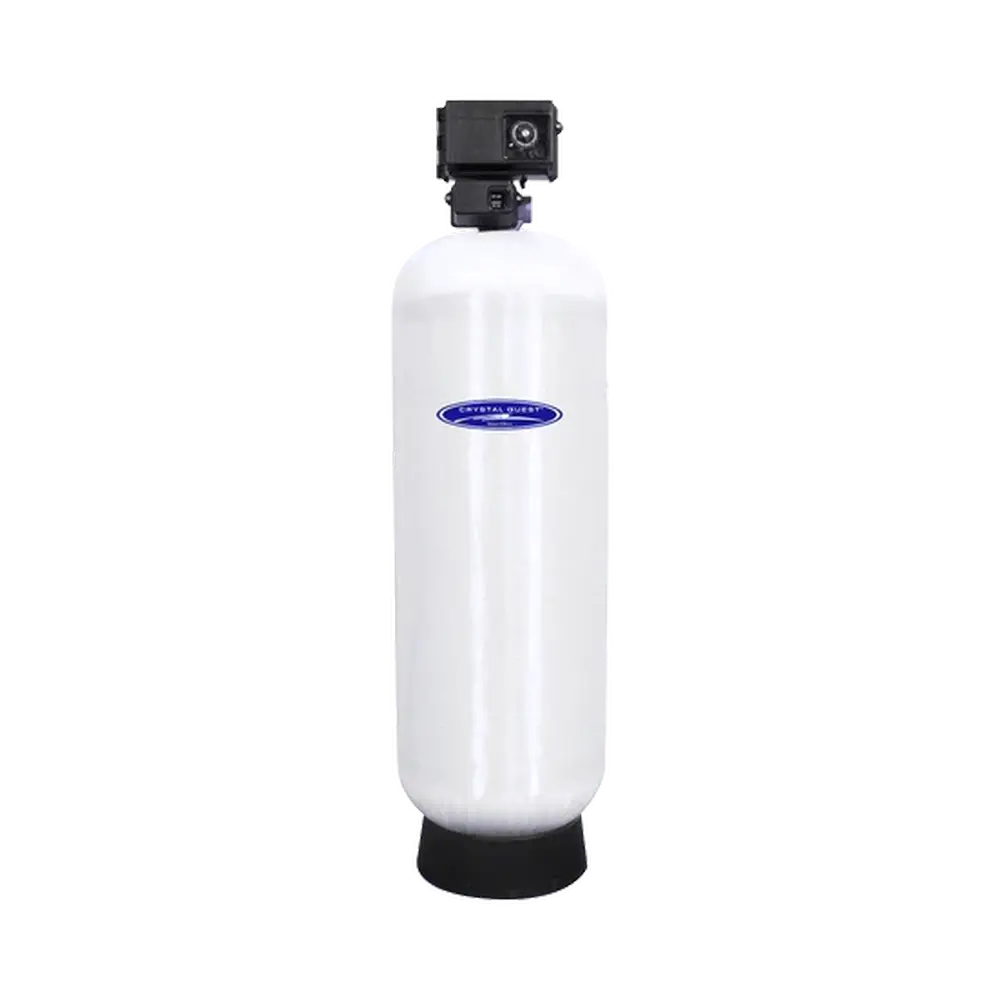 Crystal Quest demineralizing water filtration system with advanced top control valve and durable white tank for clean water supply.