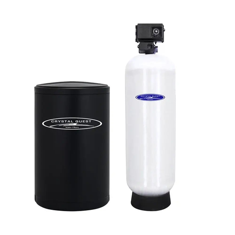 Crystal Quest mid-sized commercial water softener filtration system with white resin tank and black brine tank.
