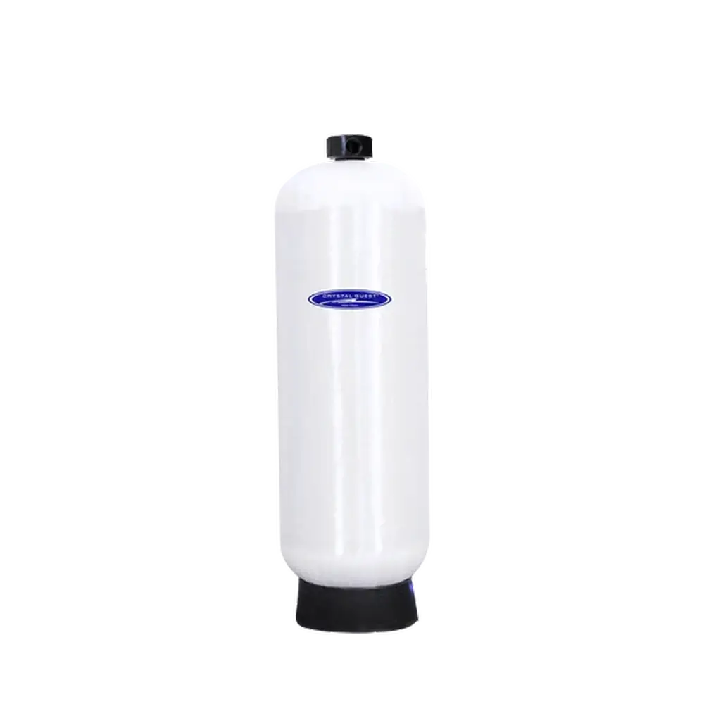 Rounded Crystal Quest demineralizing water filtration system with white tank and top valve assembly for efficient purification.