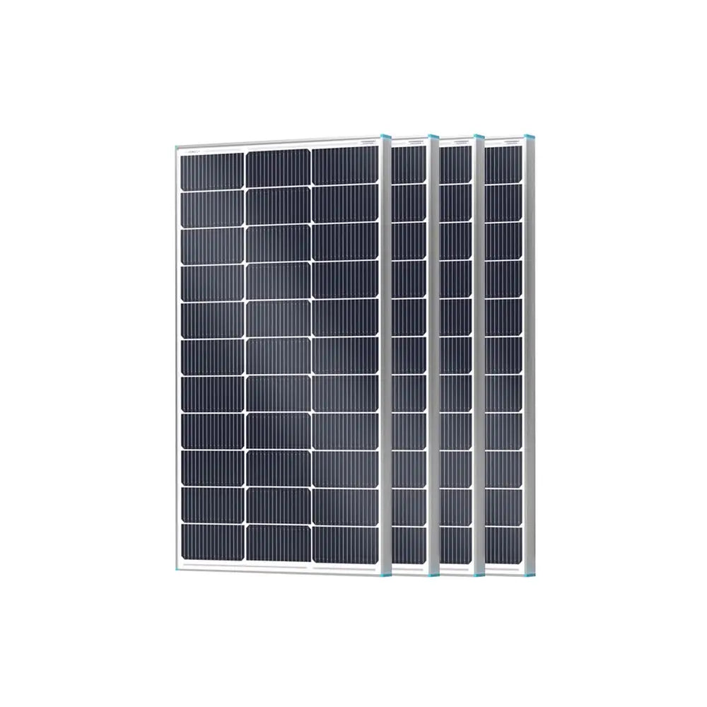 A 4-pack bundle of Renogy N-Type monocrystalline rigid solar panels stacked together for a high-efficiency multi-panel off-grid solar array kit.