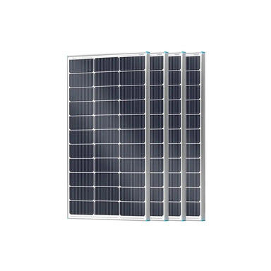 A 4-pack bundle of Renogy N-Type monocrystalline rigid solar panels stacked together for a high-efficiency multi-panel off-grid solar array kit.