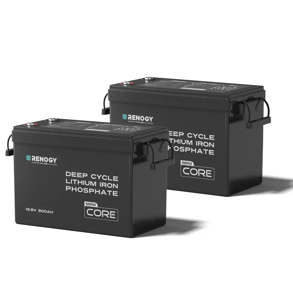 Two Renogy Core Mini 12V 300Ah deep cycle lithium iron phosphate batteries with built-in carrying handles, shown side-by-side on a isolated white background.
