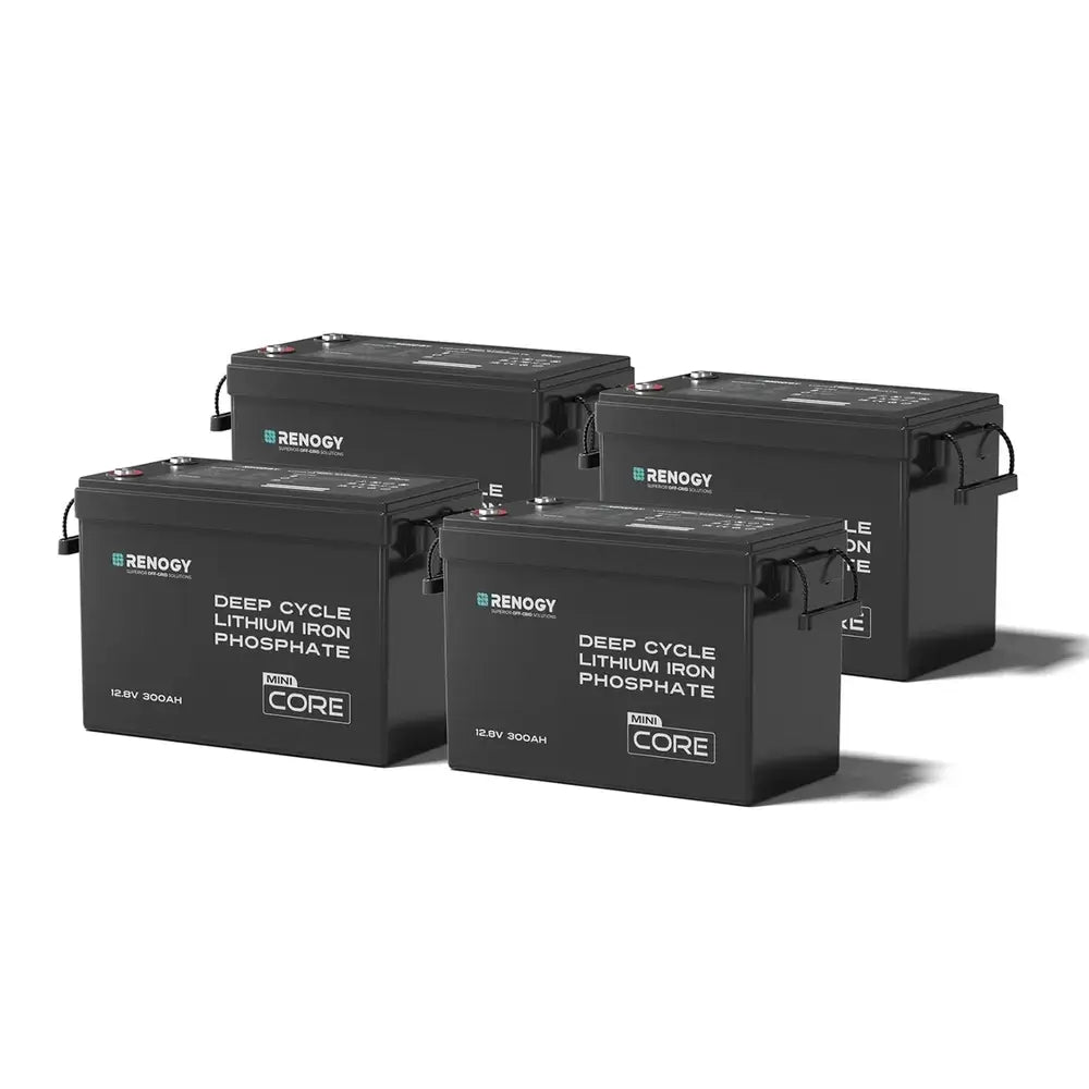 Renogy 4-pack 12V 300Ah Mini Core deep cycle lithium iron phosphate LiFePO4 batteries for off-grid solar power systems.