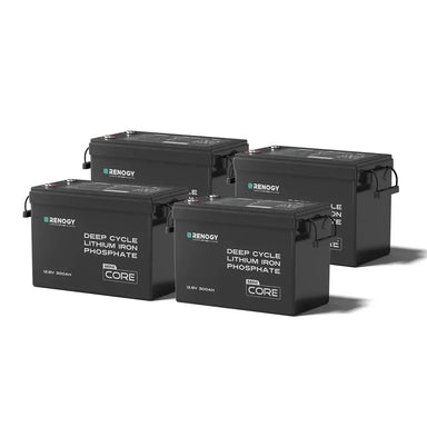 Renogy 4-pack 12V 300Ah Mini Core deep cycle lithium iron phosphate LiFePO4 batteries for off-grid solar power systems.
