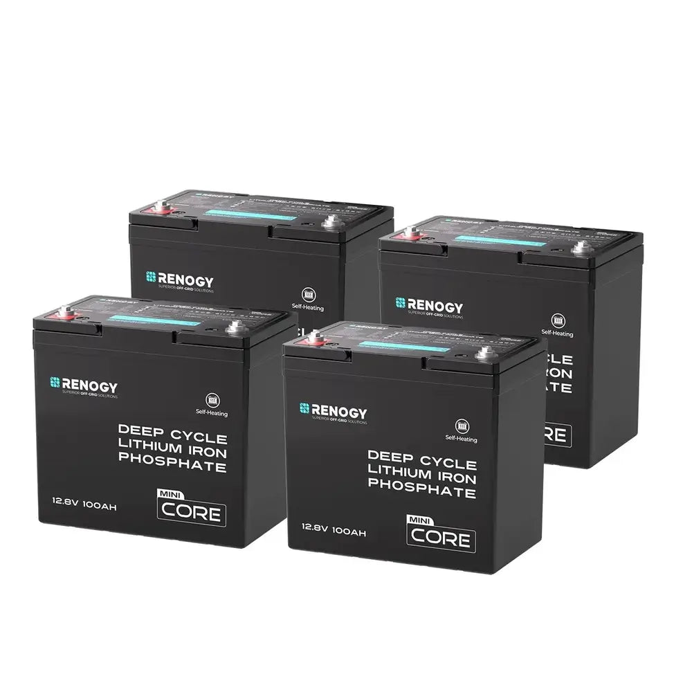 4-pack bundle of Renogy DuoHeat 12V 100Ah Mini Core deep cycle lithium iron phosphate batteries for off-grid solar power systems.