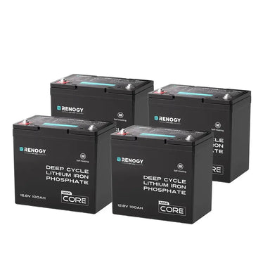 4-pack bundle of Renogy DuoHeat 12V 100Ah Mini Core deep cycle lithium iron phosphate batteries for off-grid solar power systems.
